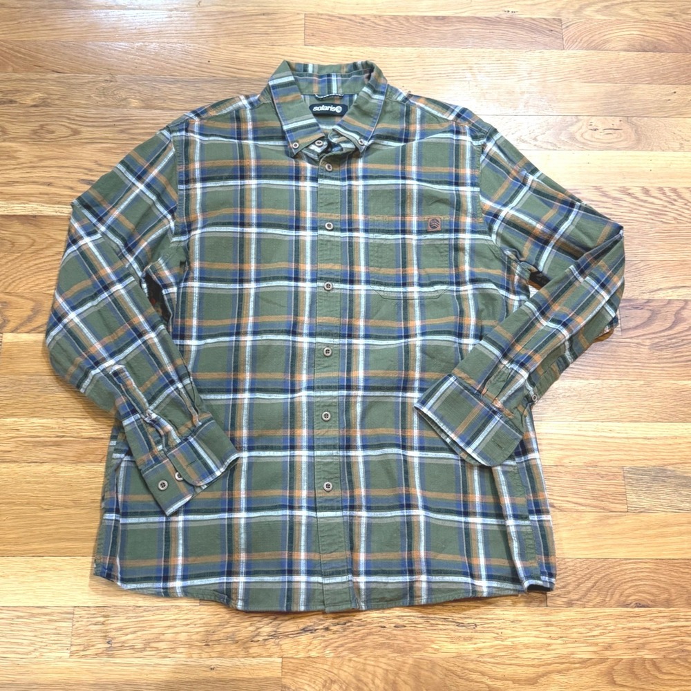 Solaris Mens Plaid Button Down Shirt Large Olive Green Long‎ Sleeve Gorpcore